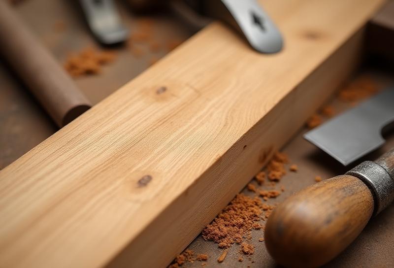 Close-up of wood grain texture and hand tools, symbolizing meticulous craftsmanship
