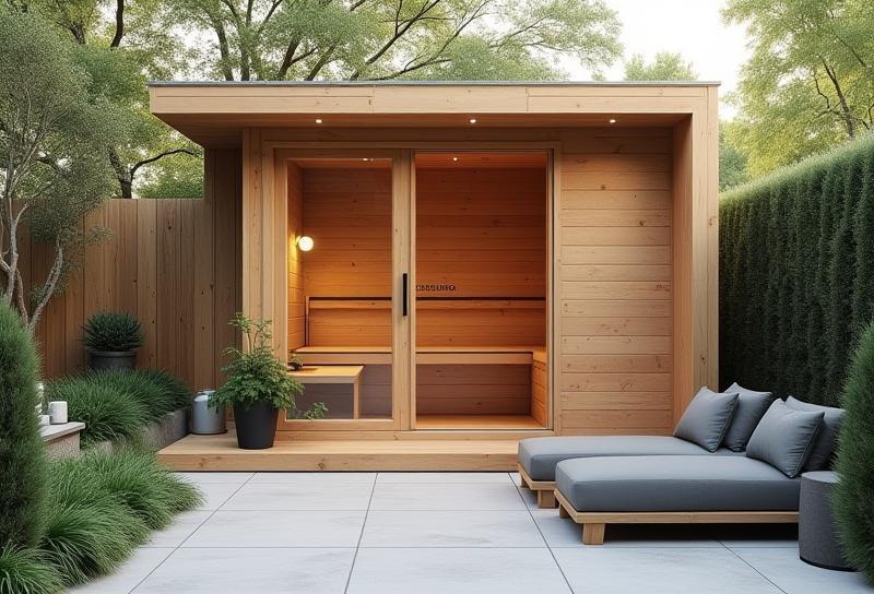 The Laurentian Series sauna integrated beautifully into a modern backyard setting