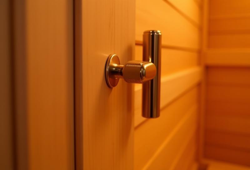 Close-up detail of The Laurentian Series sauna door and handle