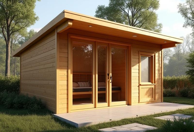 Exterior view of The Laurentian Series sauna from a low angle in a natural setting